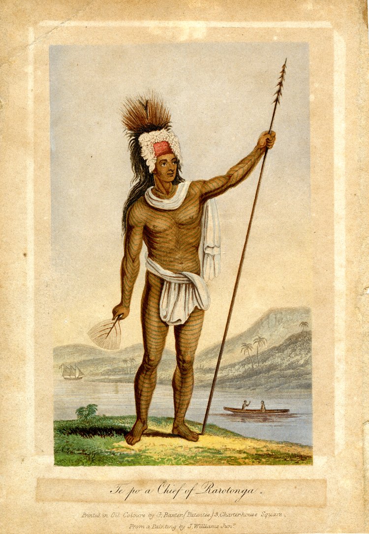 Te po a Chief of Rarotonga — Cook Islands facial tattoo by Print made by Rev. John Williams (1796-1839), Printed by George Baxter, (1804-1867)