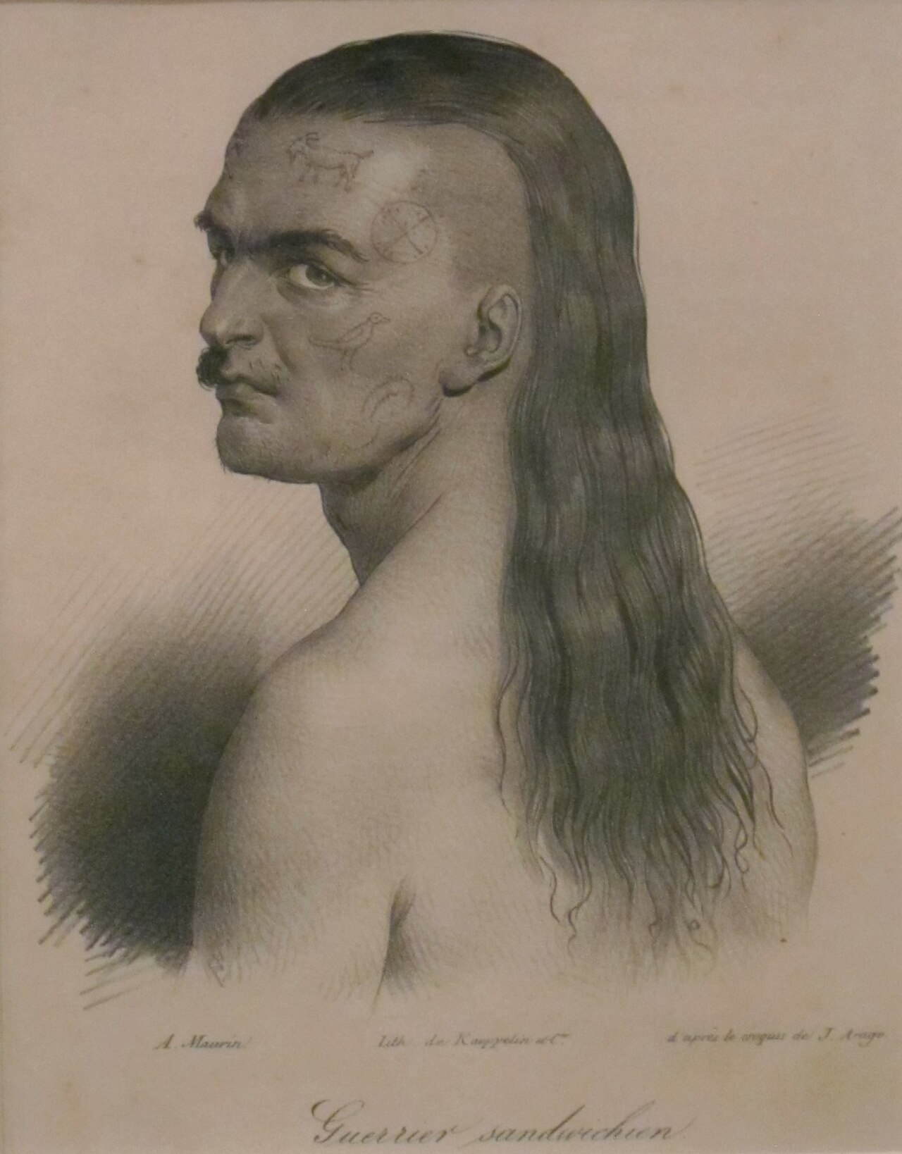 Tattooed Hawaiian Chief, lithograph after Jacques Arago, Honolulu Museum of Art — Hawaiian full-body tattoo by Jacques Arago