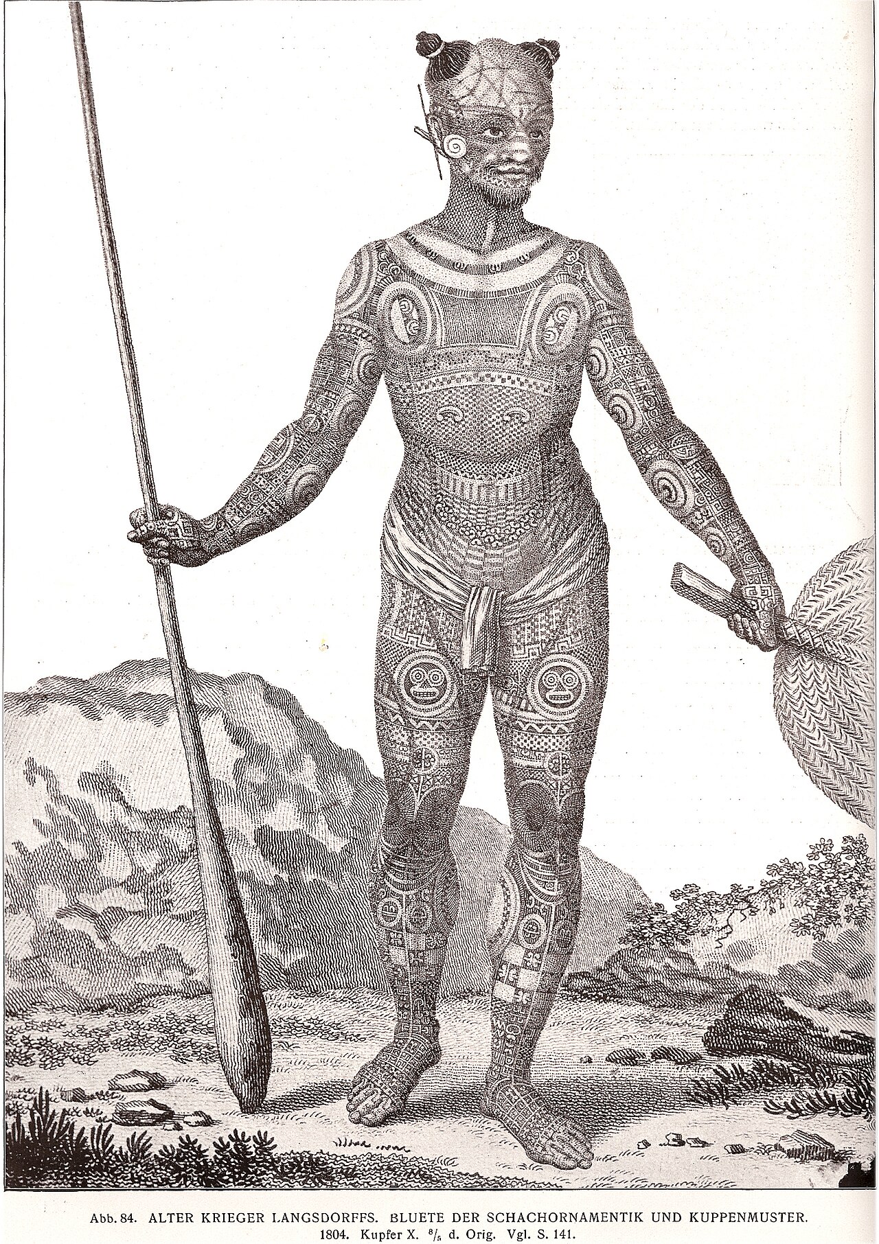 Alter Krieger (Marquesan warrior) — K. v. d. Steinen — Marquesan historical tattoo illustration by After Wilhelm Gottlieb Tilesius von Tilenau (1813)