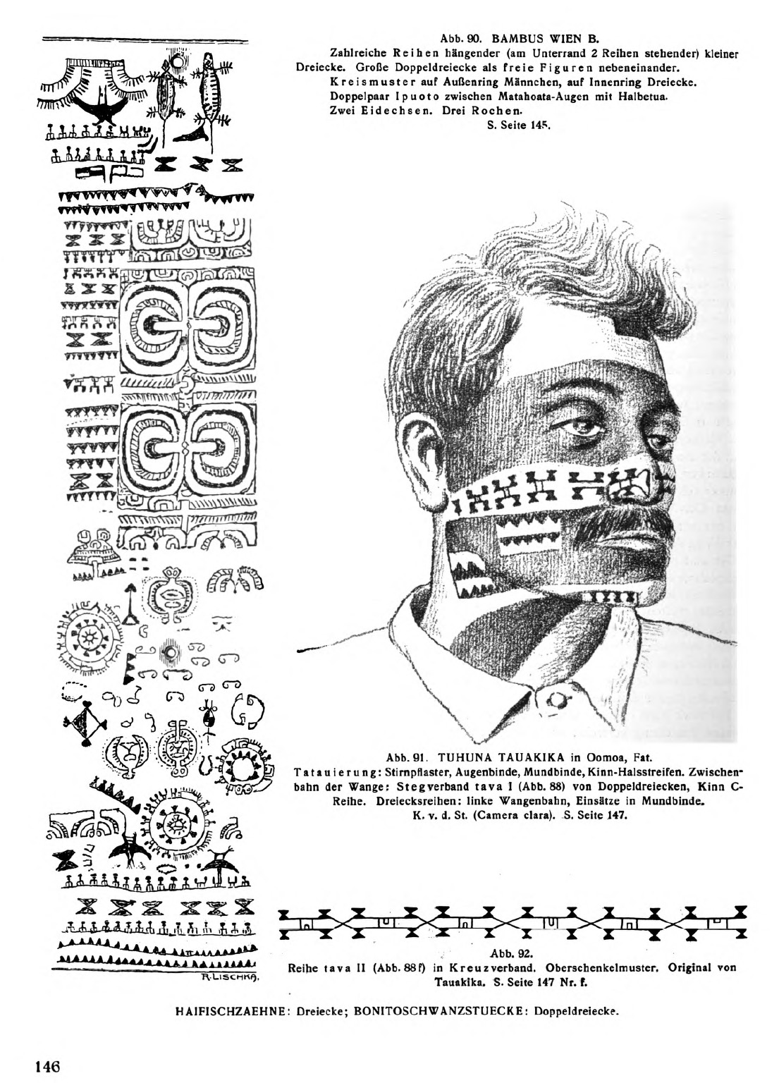 K.v.d.Steinen, Marquesaner Bd1 p146 Abb.90-92 - Tatoos from Marquesas Islands — Marquesan historical tattoo illustration by Karl von den Steinen, deceased in 1929