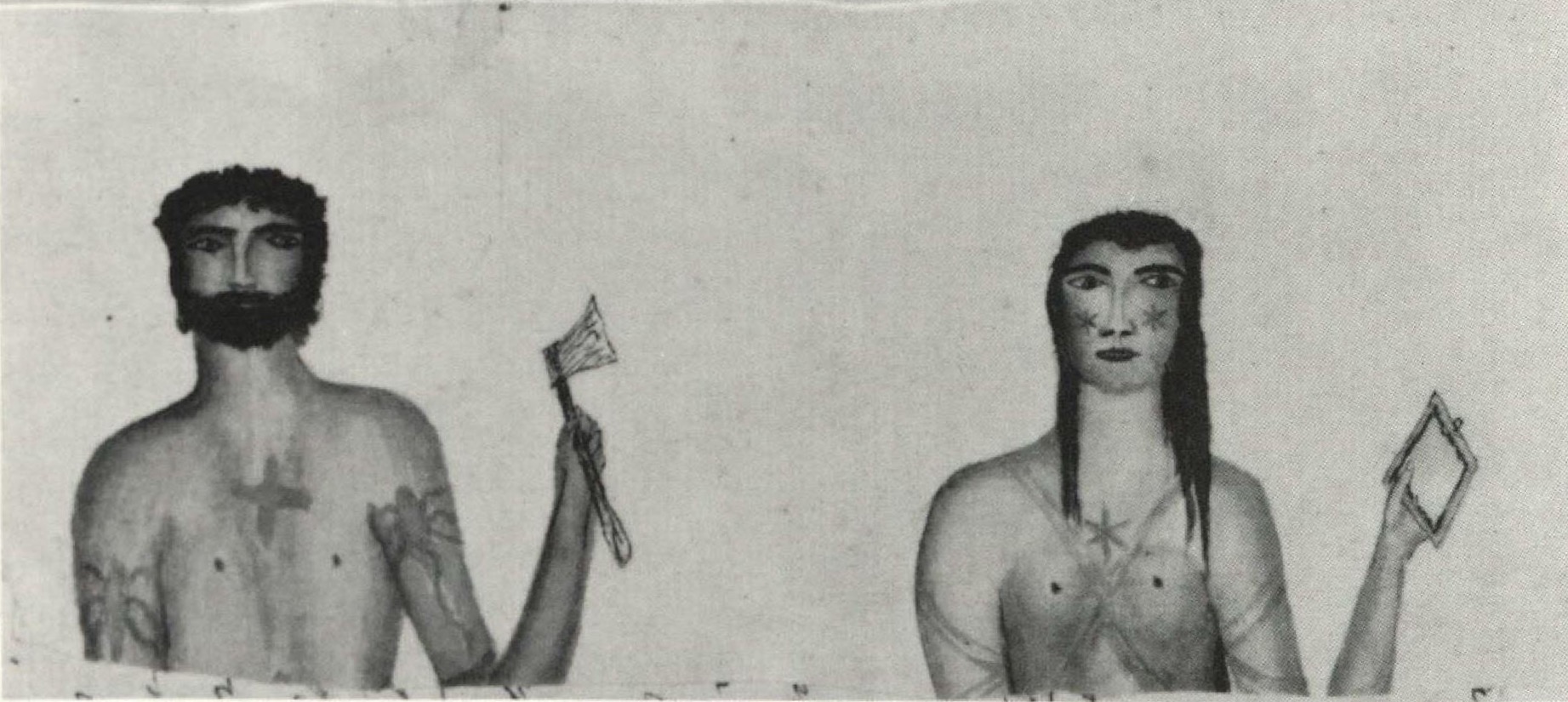 Tattooed or painted Rapa Nui man and woman (called "Te'ree") with trade items. Drawing by Captain Charles Bishop, 1795 — Rapa Nui historical tattoo illustration by Charles Bishop (1765?–1810)