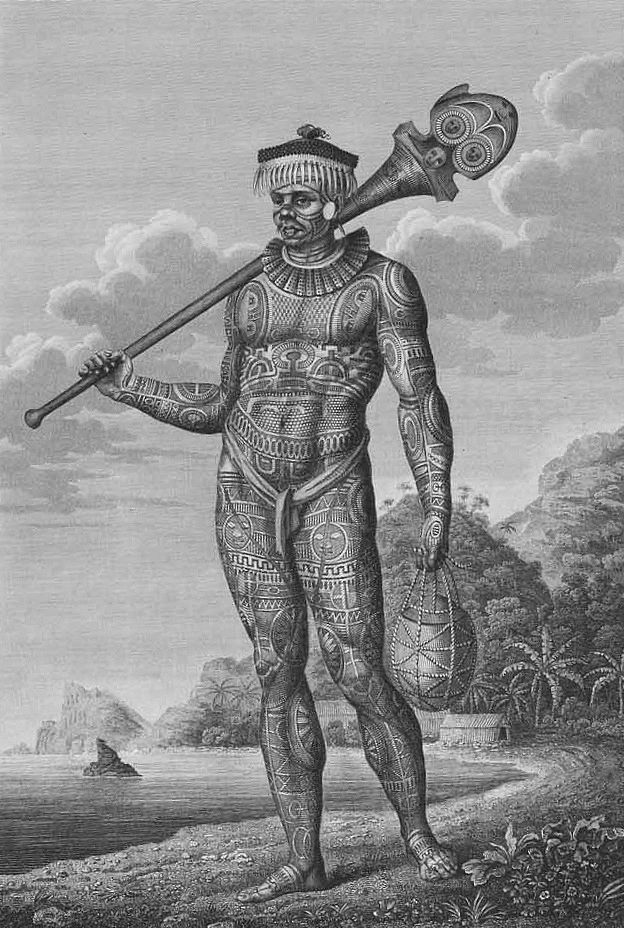 Nuku Hiva Warrior1 — Marquesan historical tattoo illustration by Wilhelm Gottlob Tilesius von Tilenau