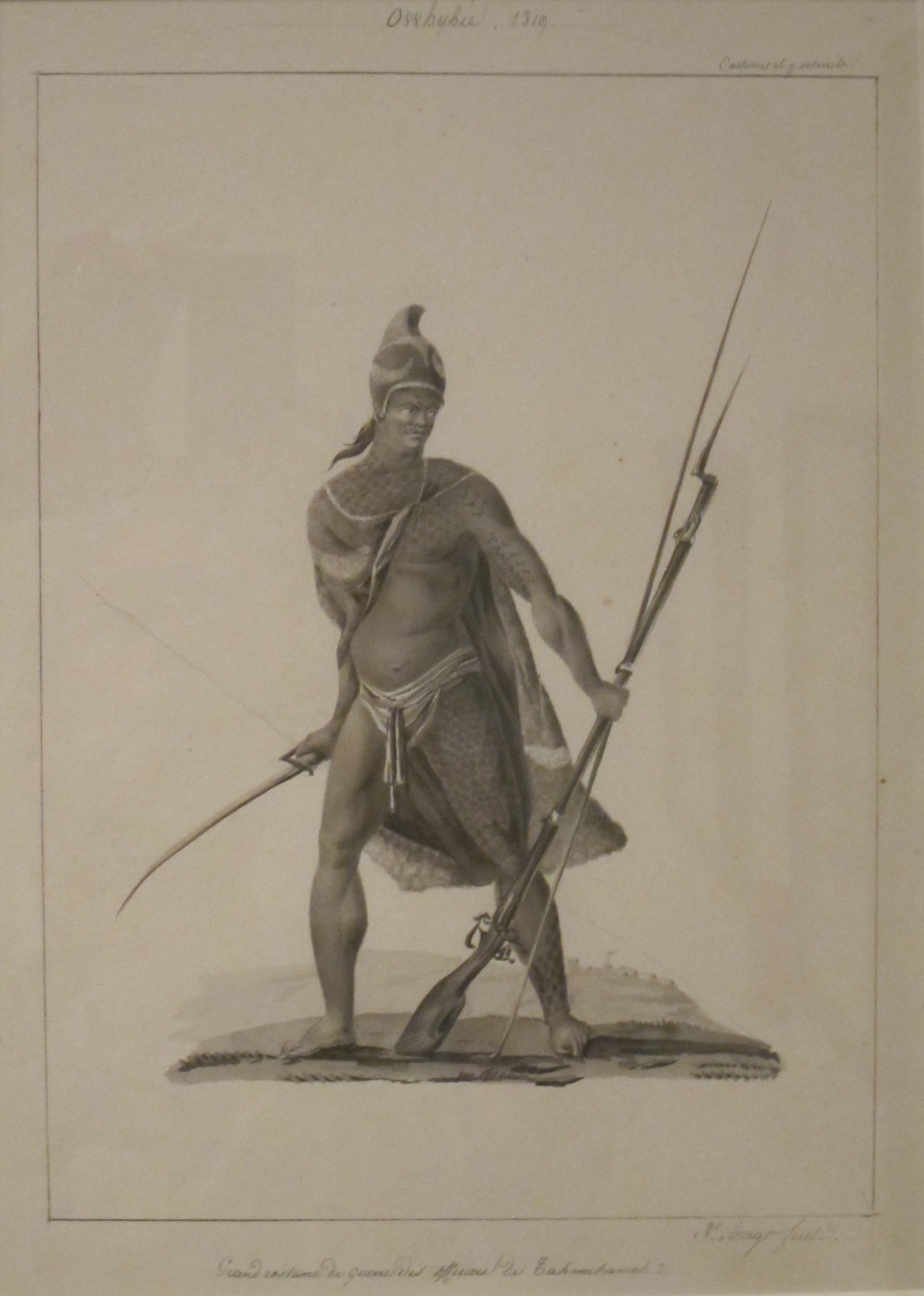 'Full Warrior Costume of the Officers of Kamehameha', by Jacques Arago — Hawaiian historical tattoo illustration by Jacques Arago