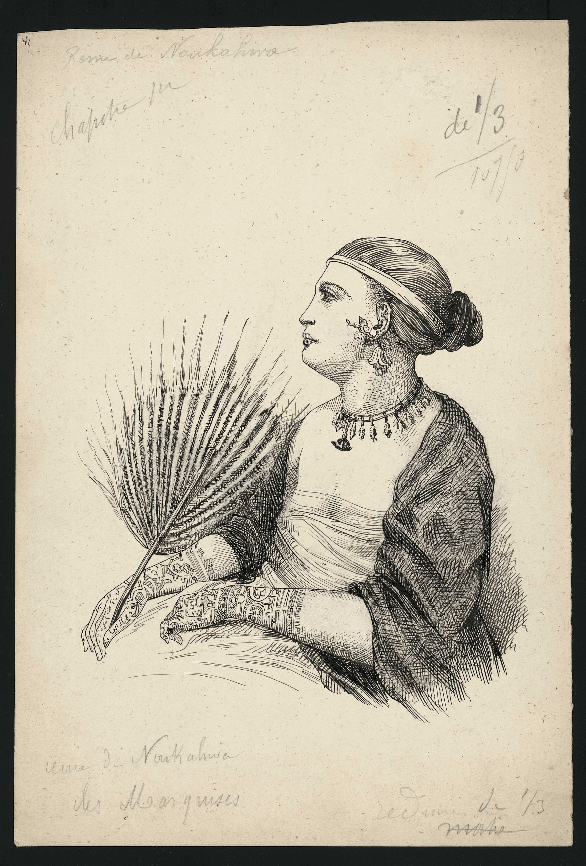 P. Sellier, Reine di Noukahiva, Iles Marquises — Marquesan historical tattoo illustration by P. Sellier after Louis Le Breton
